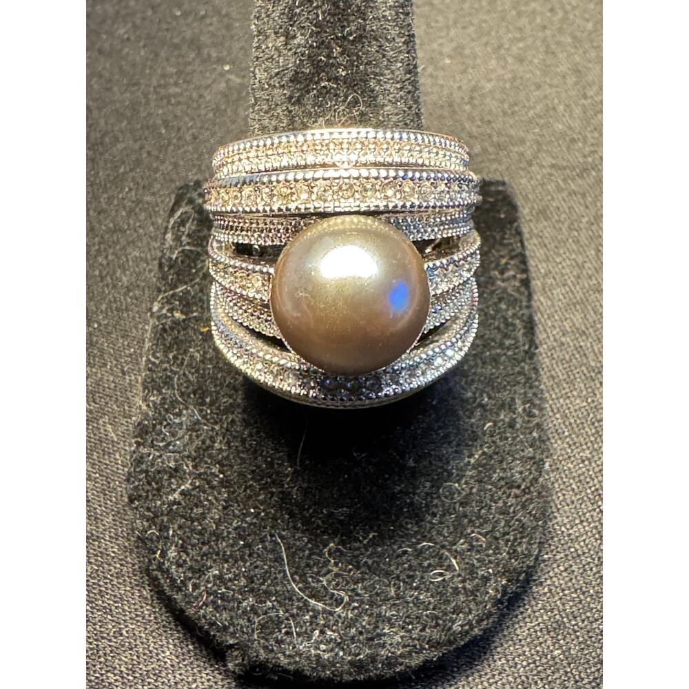 NVC Large Cocktail Ring Silver 12mm Faux Pearls 7 Bands of Rhinestones Size 6